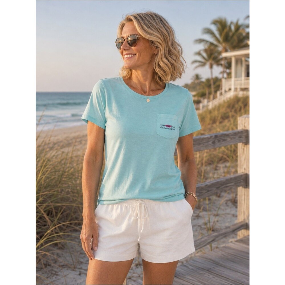 Vineyard Vines Dockside Lobster Shack Pocket Tee Aqua Haze Women’s Medium NWT